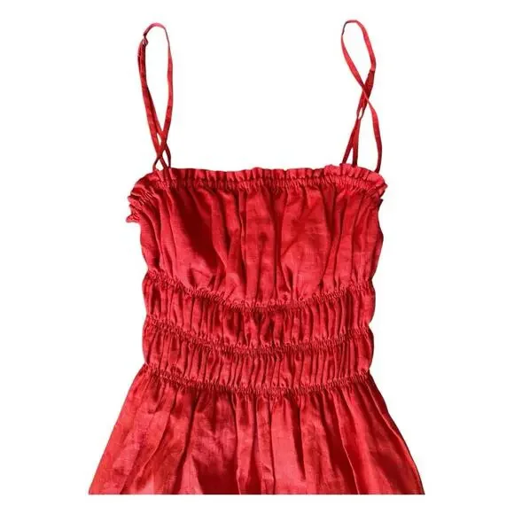 Gillia Red Linen Mini Dress Spaghetti Strap Convertible Strapless Shirred Waist - Picture 4 of 10